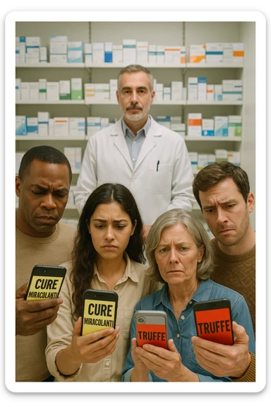Realistic, vertical scene: a group of people in a pharmacy, some looking confused or skeptical as they read sensationalist headlines on their phones about “Cure Miracolanti” or “Truffe” A pharmacist stands behind the counter, ready to offer evidence-based advice. The atmosphere is educational, highlighting the importance of consulting professionals. sticker