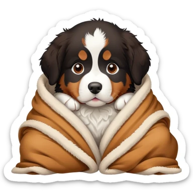 Cute, Disney-style Bernese mountain dog puppy cozy in blanket sticker
