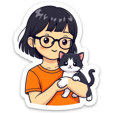 cute asian with middle height black hair and fringe and glasses holding a black-white and an orange kitten sticker