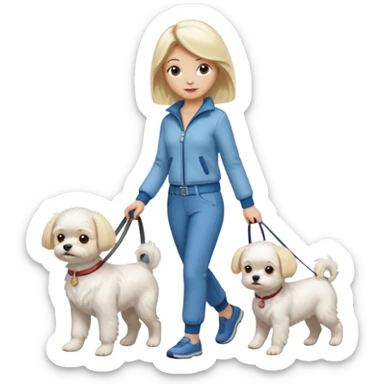 blonde woman wearing pants, walking a small maltese dog. sticker