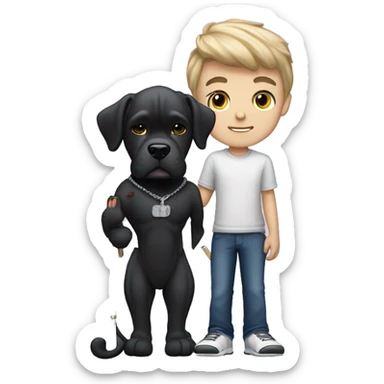 young white kid with justin beiber hairstyle standing alongside a black cane-corso sticker