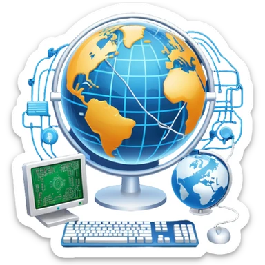An icon featuring a computer monitor displaying code, a globe with network nodes, and a circuit board, symbolizing IT. The design includes data streams, cloud storage, and a keyboard, representing digital innovation, connectivity, and problem-solving. Transparent background sticker