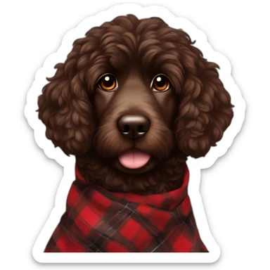 portrait Dark chocolate colored doodle with wavy fur wearing a red and black flannel handkerchief sticker