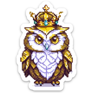pixel art crowned owl, with a golden crown and big eyes sticker