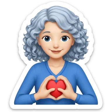Silverhair, wavy/curly hair chin-length lady giving hug with 2 arms, blue v-neck and smiling, add a heart sticker