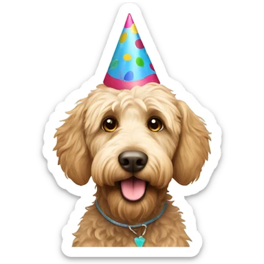 Labradoodle with a birthday party hat sticker