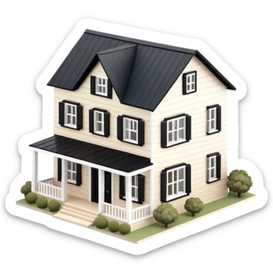 Isometric exterior little black, beige, and white modern farmhouse, dollhouse style 3D realistic  sticker