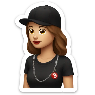 Beautiful woman wearing a black cap and black sweatshirt, big lips, brown straight hair. On the cap a small red question in an inverted triangle. There is a chain around her neck. sticker