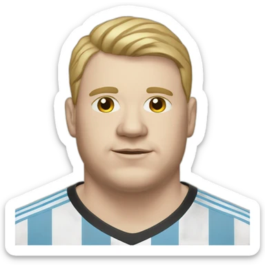fat white man. short hair. Argentina soccer shirt sticker