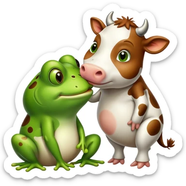 A drunk cow kissing a frog sticker