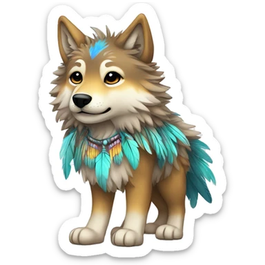Fluffy Shy Colorful Chibi Spiritual Shamanic Wolf With Shiny Tribal Markings wearing feathers Full Body sticker