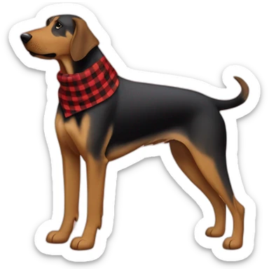 adult 75% Coonhound 25% German Shepherd mix dog with visible tail wearing small pointed red buffalo plaid bandana full body walking left quickly sticker