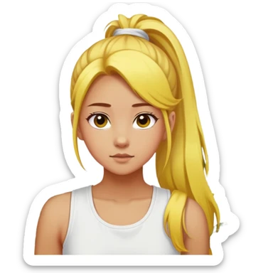 A girl with a high ponytail, a yellow hair tie, and a sleeveless white top, surrounded by blooming forsythias. sticker