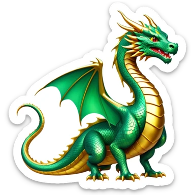 cinematic-noble-dragon-full body-emoji,-poised-and-majestic,-with-a-sinuous,-elongated-build-and-shimmering,-scale-covered-skin-in-hues-of-emerald-and-gold,-piercing,-fiery-eyes,-simplified-yet-sharp-and-sophisticated-features,-highly-detailed, zoomed out showing the serpentine body sticker