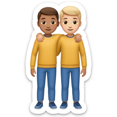 Two cartoon-style two  boy with similar features, arms around each other's shoulders, smiling, matching outfits, standing close, white background, emoji style sticker