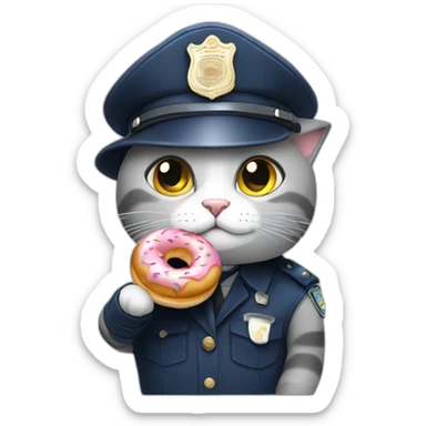 grey cat in police hat eating a doughnut sticker