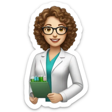 pharmacist white woman brown curly hair with test tube glasses sticker