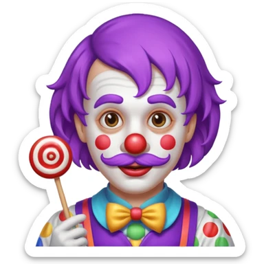 Funny clown — purple wig, mustache, candy in hand sticker