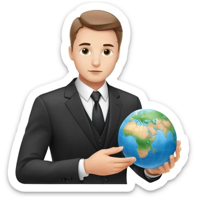 Polish man in a business suit analyzing global strategy with a world map sticker