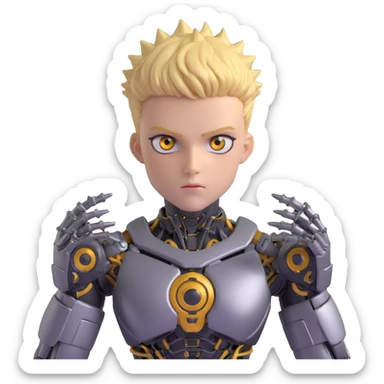 Genos from One Punch Man, android cyborg with spiky blond hair, metallic arms, intense eyes, compact and expressive, no text sticker