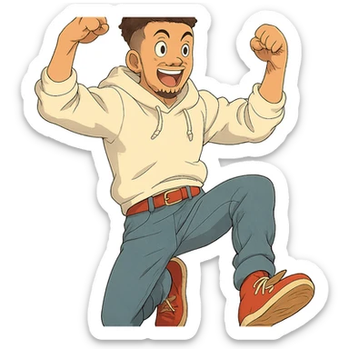 1 male, mid fade haircut dark chestnut brown curly hair, toasted lightskin, white hoodie sleeves up, fashion jeans, red fashion-sneakers shoes, red belt, short trimmed beard and goatee,  style of deku from "my hero academia", doing a "hype" pose sticker