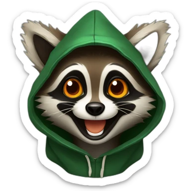 a small brown raccoon with orange eyes and a dark green hood that is laughing sticker