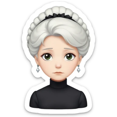 A Victorian woman with elegant coiffed white hair and light eyes wearing a simple modest black turtleneck mourning dress without jewelry looking down with a forlorn expression sticker