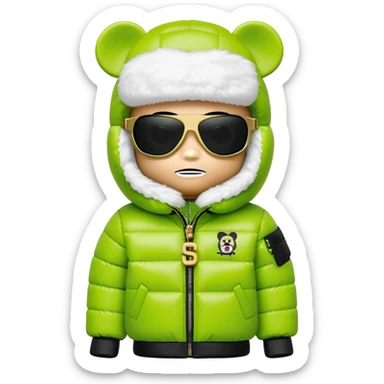 authentic cubic bearbrick figure with block head, wearing lime green balaclava with integrated black visor lens at eye area, oversized Supreme logo puffer jacket with large fur collar and fur trim, gold chains sticker