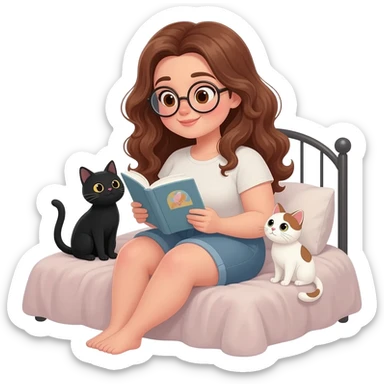 detailed emoji illustration of a curvy woman with long chestnut brown wavy hair, light brown eyes and round glasses sitting on a bed and reading a book, with two cats beside her: one black cat and one white cat with brown spots, cozy bedroom atmosphere, cute emoji style sticker