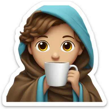 Brown hair with blue eyes drinking coffee wrapped in a blanket  sticker