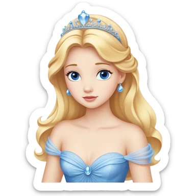 Cinematic Realistic Cute Cinderella Portrait, featuring fair, luminous skin with finely detailed texture and softly lit golden-blonde hair cascading in gentle waves. Her warm, inviting blue eyes sparkle with youthful charm and curiosity, while her classic, elegantly draped ball gown reveals meticulously rendered fabric details and natural folds. The overall composition is bathed in a gentle, realistic radiance that exudes both playfulness and heartfelt beauty. sticker