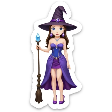 sexy woman brunette, very large breasts, pale skin, blue eyes, long brown hair, purple strapless dress, witch hat, pearl earrings, smirking, in high heels, standing, head to toe, full body, zoomed out, entire outfit visible sticker