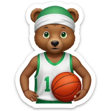 Cool brown bear with green eyes in a white silk durag and red basketball jersey showing just the top shoulders and collar, iOS emoji style sticker