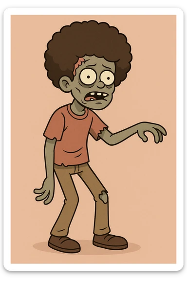 zombie boy with an afro, cartoon style sticker