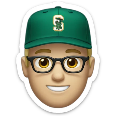 baseball card character. Blonde male. Short hair with glasses. Dark green uniform with hat. Blue eyes and a cobra snake logo on the hat sticker