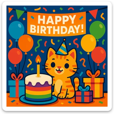 birthday party scene with rainbow balloons, multicolored decorations, confetti, large rainbow birthday cake, gifts, festive atmosphere, featuring a ginger tabby kitten wearing a birthday hat as the main character, with a prominent 'Happy Birthday!' message sticker