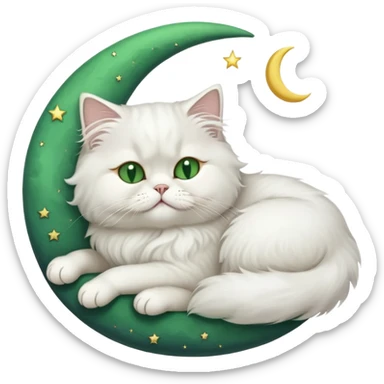 White Persian cat with green eyes sleeping on crescent moon  sticker