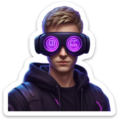 Russian young man wearing a black hoodie with "OMG" letters on it and VR headset in a cyberpunk VR environment with violet neon lighting. sticker