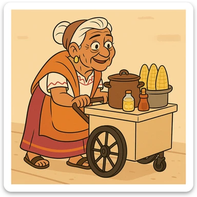 old Mexican lady pushing a food cart, warm and friendly, traditional dress, vibrant colors, street vendor, detailed, no text, flat toon cartoon style sticker