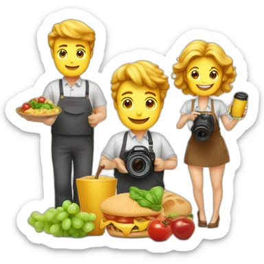 food photographers with camera and food man and woman happy. Camera** and food sticker
