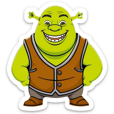 Shrek smiling, wearing a vest, cartoon style sticker