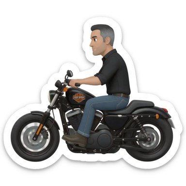 White man with short black and gray hair riding Harley Davidson in jeans and black shirt sticker