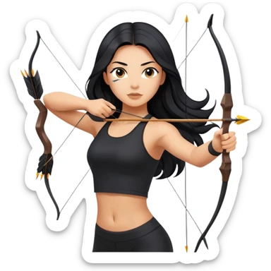 woman tanned long black hair, shooting arrow , black yoga clothes sticker