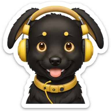 black happy dog wearing yellow headphones sticker