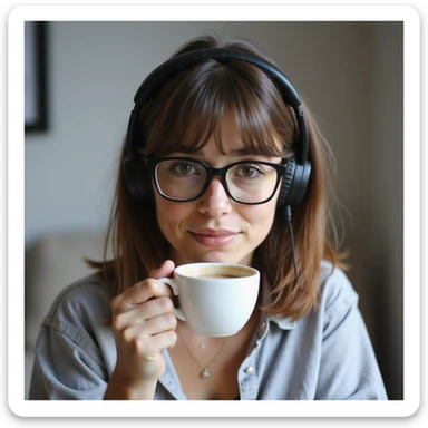A girl with shoulder-length brown straight hair, wearing black-rimmed glasses, light skin, brown eyes, and black Marshall headphones, drinking a cappuccino. She is a social media manager, so include visual elements like a phone with social media apps or a laptop with analytics. sticker