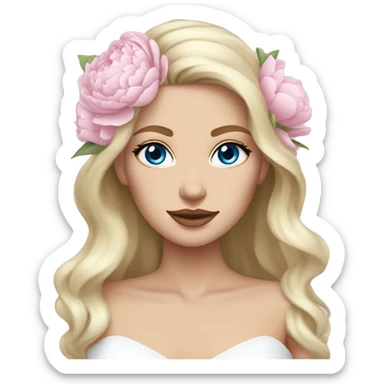 White bride with long light blonde hair and blue eyes with light pink peonies in hair white skin  sticker