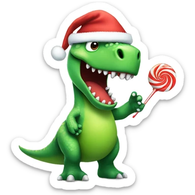 A green dinosaur stands in a Christmas hat with a lollipop sticker