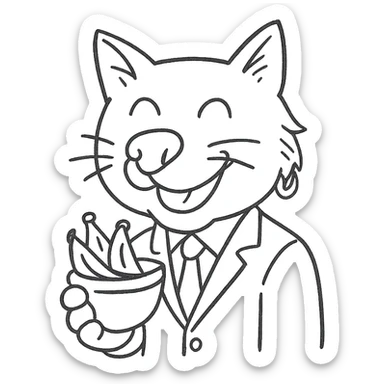 cat with a dog nose, wearing a suit, earring, holding a cup of bananas, playful expression sticker