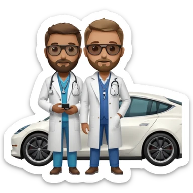 White tesla model 3 and one cool physician with dark blond hair, beard, stetoscope and dark sunglasses next to it sticker