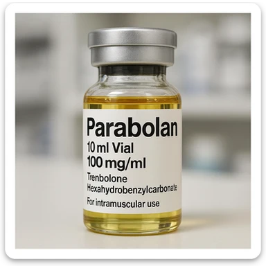 Create a realistic zoomed-in image of the vial with clear details of the vial and the label. The label should have the name 'Parabolan' clearly readable. The background should be neutral or a blurred pharmacy setting. Focus on realism and clarity of the vial and label. sticker